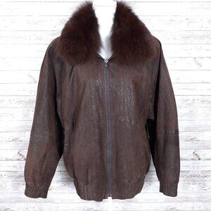Radlee Real Fox Fur Leather Womens Coat L Textured Brown CL